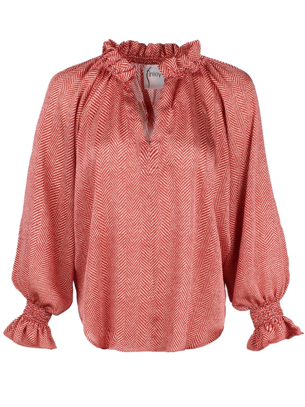 Finley Red & Cream Candace Herringbone Ruffle-Neck Blouse Oversized VNeck Medium